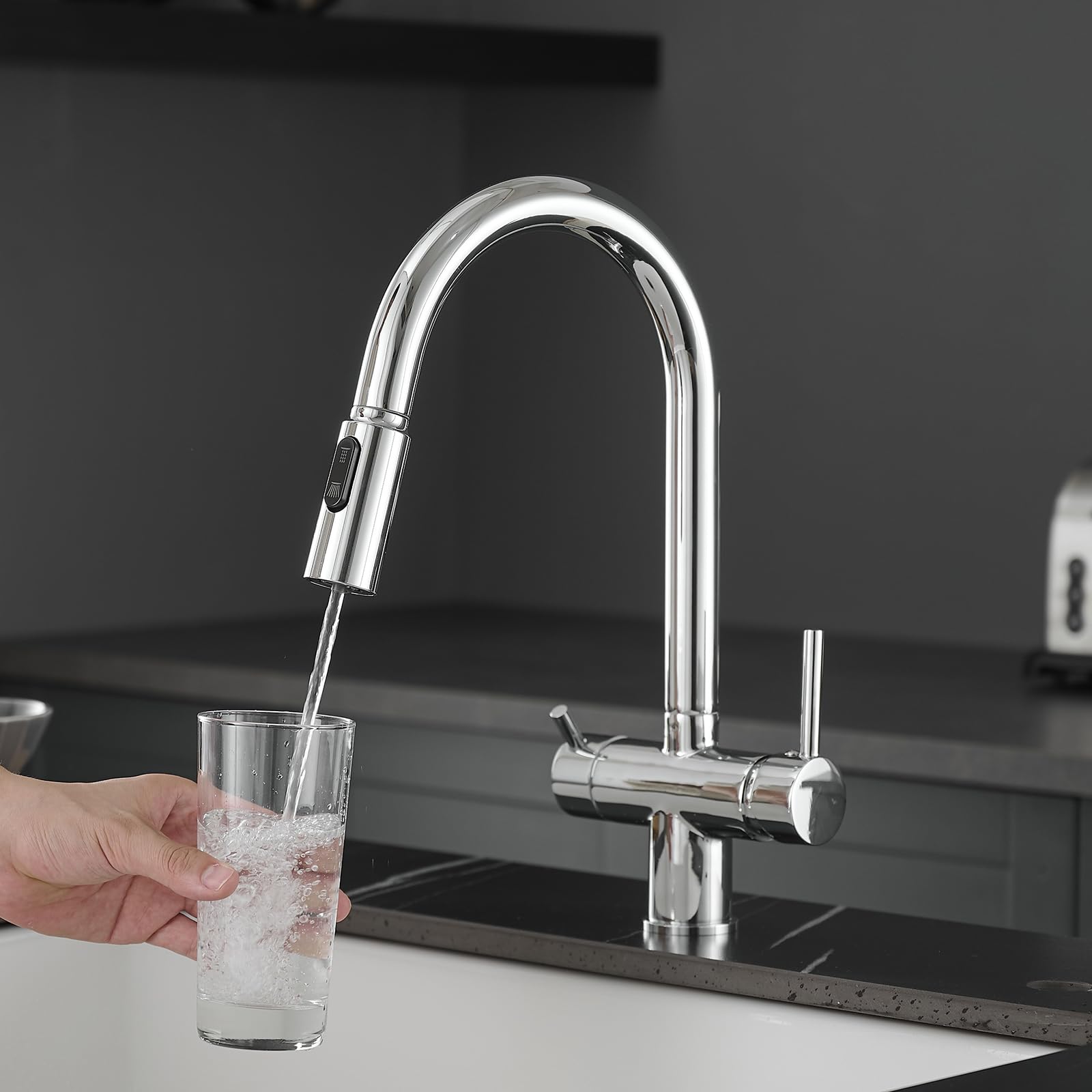 ZYCHSJXA Filter Tap 3 Way Tri-Flow Water Kitchen Sink Mixer Chrome Mode Rotatable Faucet