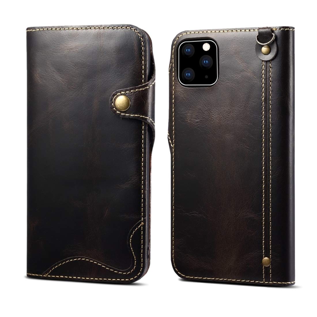 CONGMING For IPhone 11 Denior Oil Wax Cowhide Magnetised Button Horizontal Twitch Leather Case With Card Slots & Wallet Mobile Phone Cases & Covers (Color : Black)