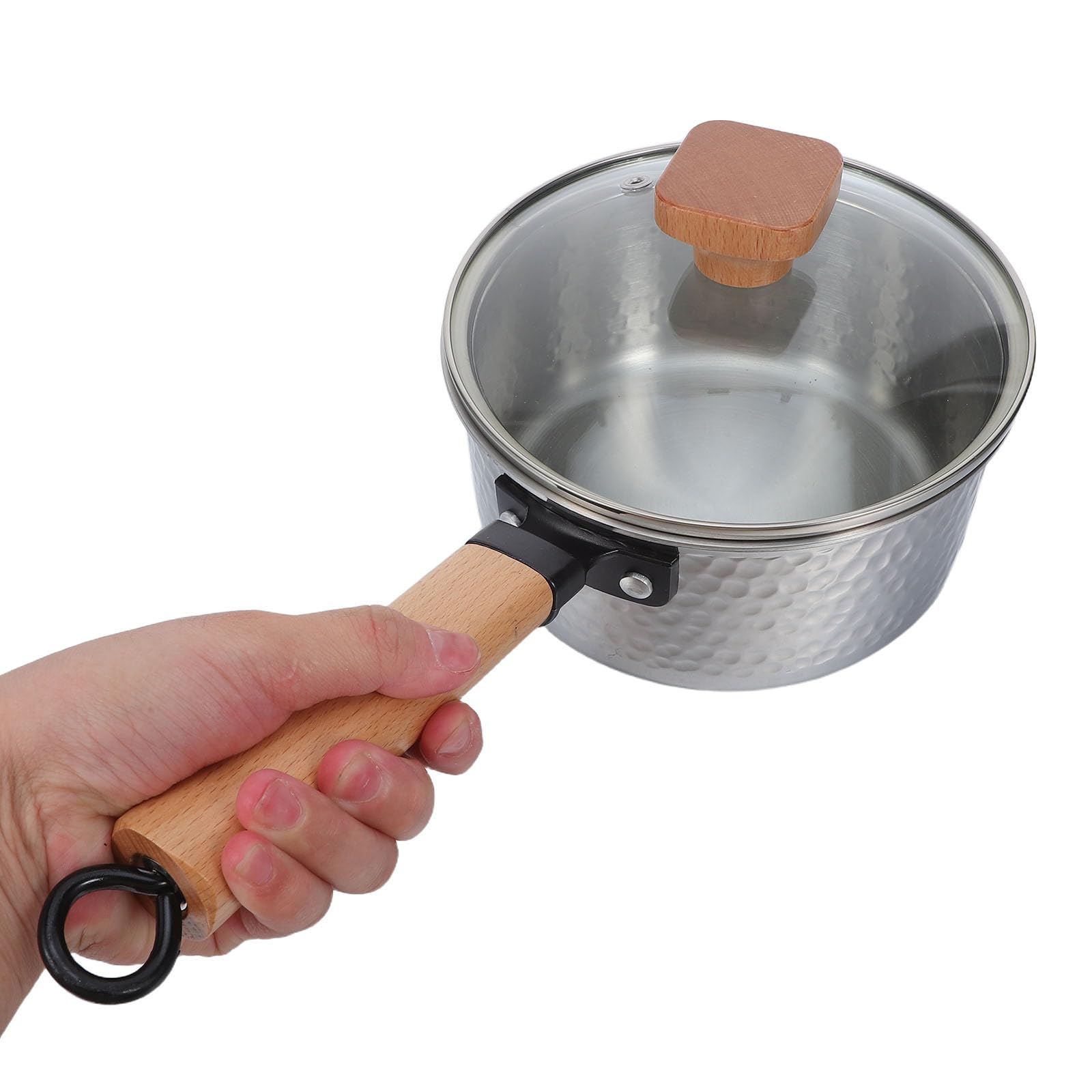 Cabilock Pentola Piccola in Acciaio Inox con Manico in Legno e Coperchio in Vetro, Superficie Martellata Esterna e Interno Liscio Antiaderente per Cucinare e Cuocere al Forno