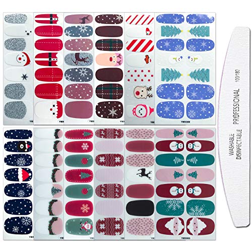 WOKOTO 12 Sheets Adhesive Nail Wraps Stickers Strips with 1Pc Nail File Skull Winter Nail Polish Decals Manicure Kit for Halloween Christmas