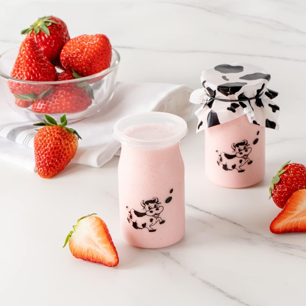 Restaurantware 5 Ounce Yogurt Jars 100 Disposable Pudding Containers - Cow Print Pop-Off Lids Included Clear Plastic Chia Pudding Jars For Snacks Spices And Desserts