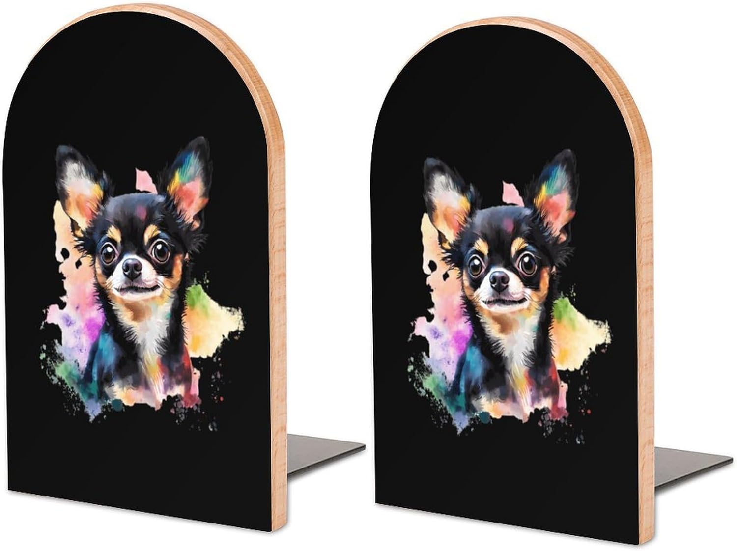 Chihuahua Dog Colorful Cute Wood Book Ends Decorative Bookends 1 Pair Non-Skid for Shelves Home Office 7 X 5 Inch