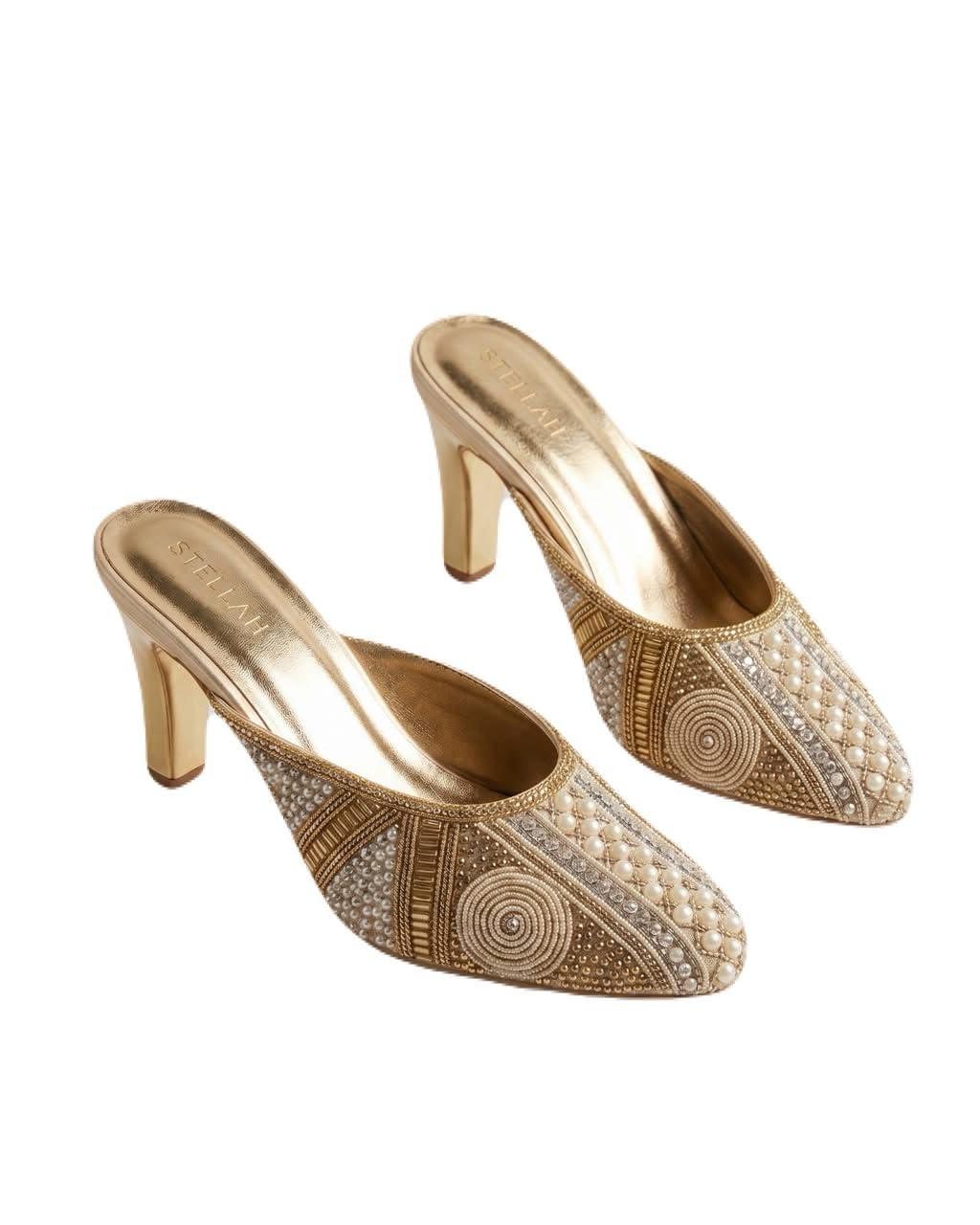 Women’s Gold Ethnic Embellished Block Heel Mules for Women | Handcrafted Rhinestone & Pearl Embroidery Slip-On Heels | Wedding, Festive & Traditional Footwear-image-33
