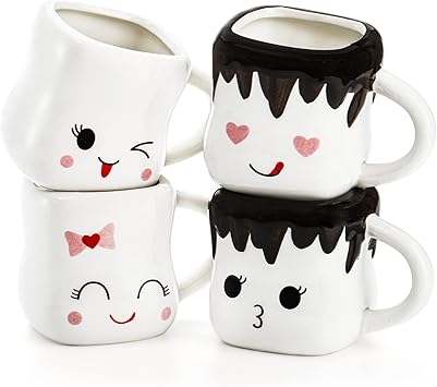 Hedume Set of 4 Cute Ceramic Hot Chocolate Mugs with Handle, Coffee Mug Set, Couple Matching Mugs, Perfect for Anniversary Christmas Wedding Valentines Day