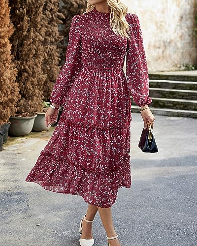 NOLLSOM Women 2025 Fall Dress Floral Casual Long Sleeve Crew Neck Ruffle A-Line Flowy Floral Boho Wedding Guest Maxi Dresses3