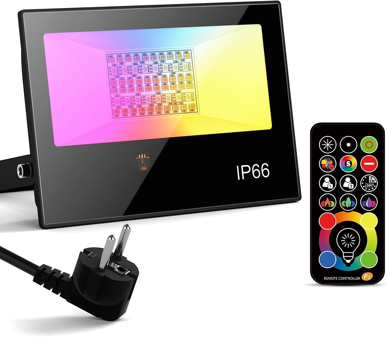 RGB LED Strahler Außen mit Fernbedienung, 1PCS RGBW 4450LM Dimmbar Farben Außenstrahler Outdoor, 3000K Warmweiß Fluter Flutlichtstrahler Farbwechsel Beleuchtung Flutlicht Garten IP66 Wasserdicht