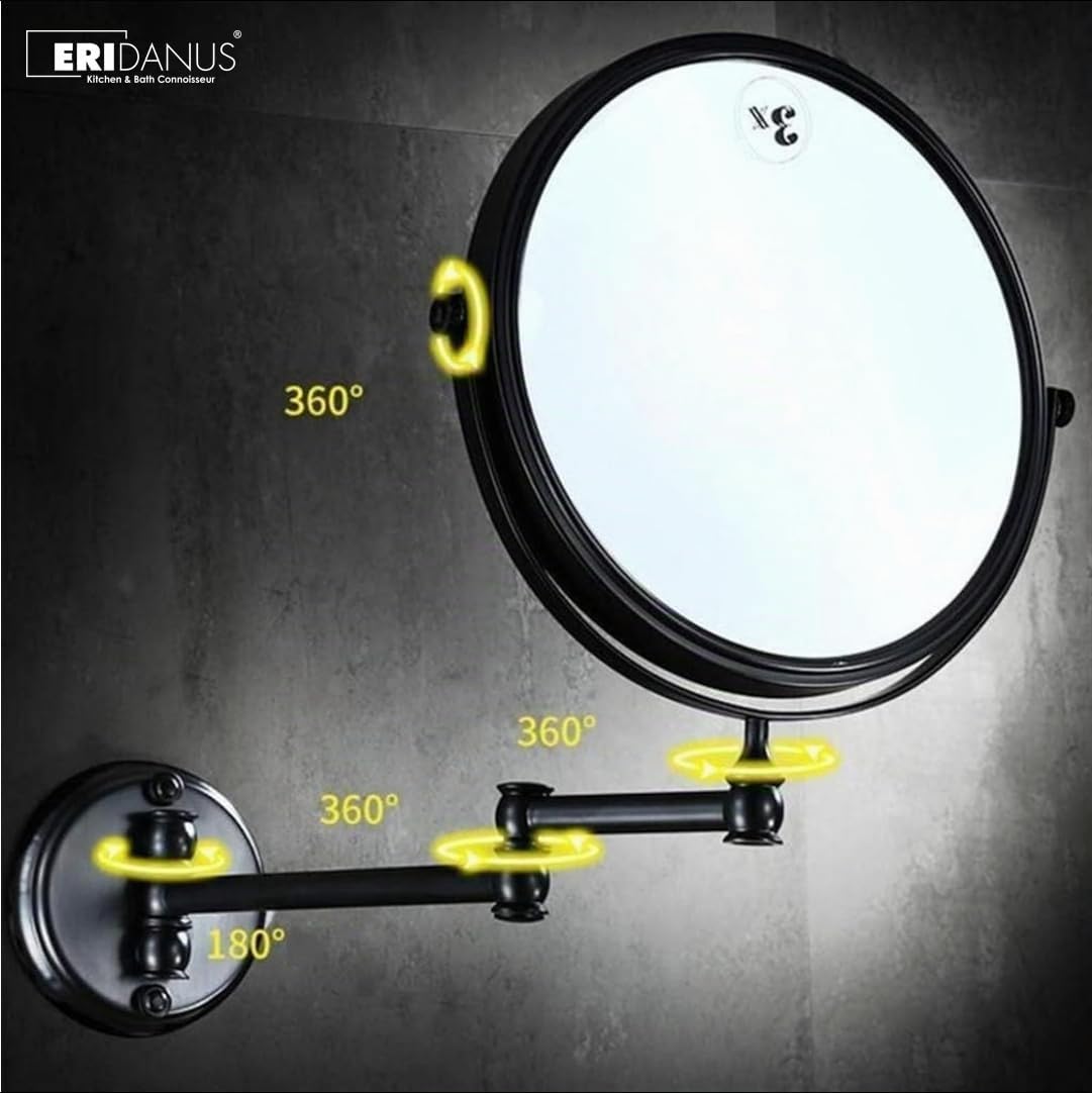 Eridanus Espejo de Maquillaje de Aumento de Pared, Espejo Cosmético 1X y 3X Ampliación de Doble Cara Giratoria de 360° para Baño Espejo Tocador Extensible, Negro