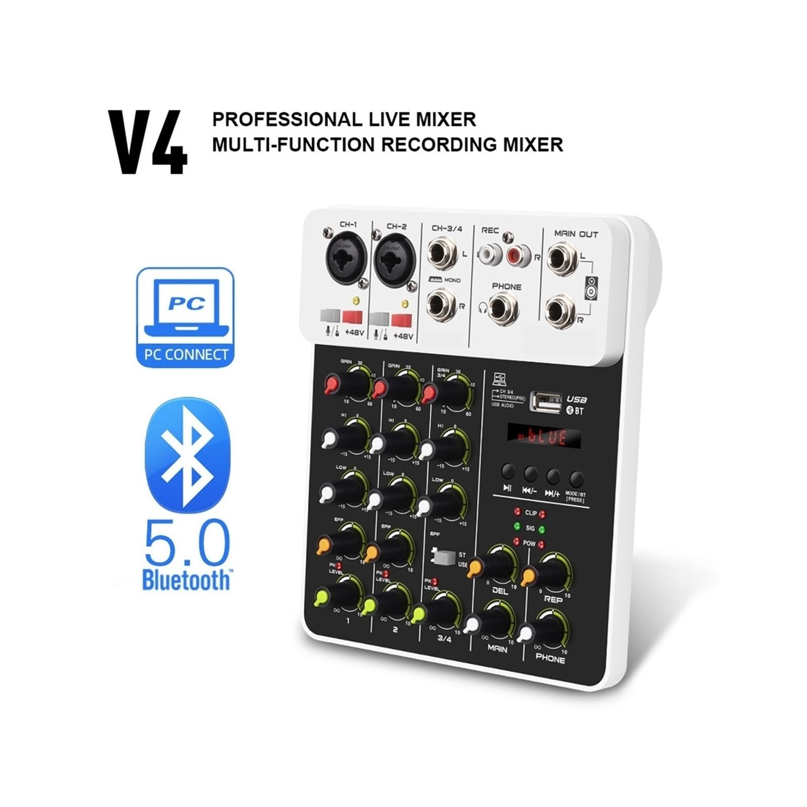 Mezclador de audio, Consola de mezcla sonido V4, computadora grabación USB, alimentación fantasma 48 V, efecto retardo, mezclador 4 canales