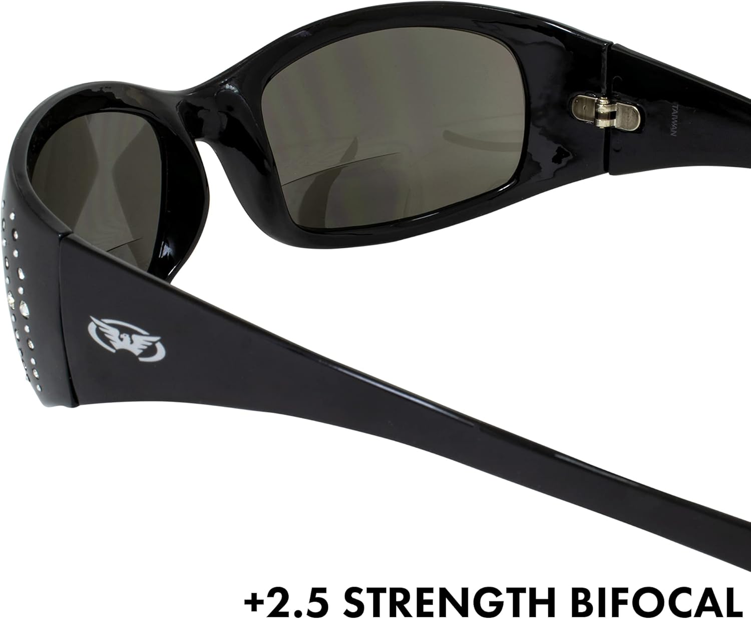 Global Vision Marilyn 2 Bifocal Sunglasses Bling Rhinestone Decorated Gloss Black Frames 2.5x Magnification Smoke Lenses