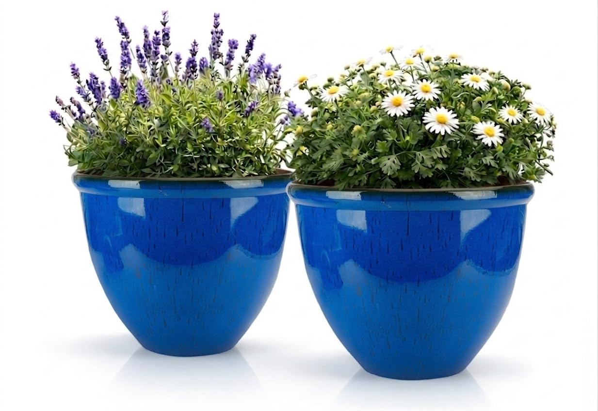 TRG 30cm Ceramic Look Plant Pot Set Of 2 – Large Glazed Indoor & Outdoor Planters, Modern Round Flower Pots for Patio, Balcony, Garden & Home Décor, Weather Resistant Decorative Planter - (Dark Blue)