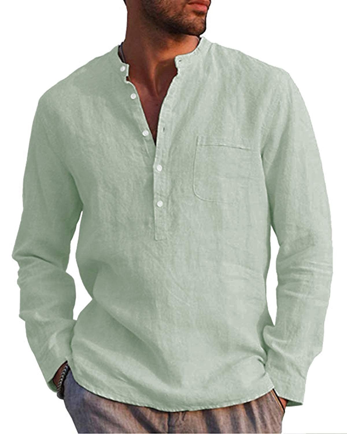 LVCBL Hemd Herren Langarm Henley Sommerhemd Herren Freizeithemd Leinenhemd Regular Fit Men Shirts