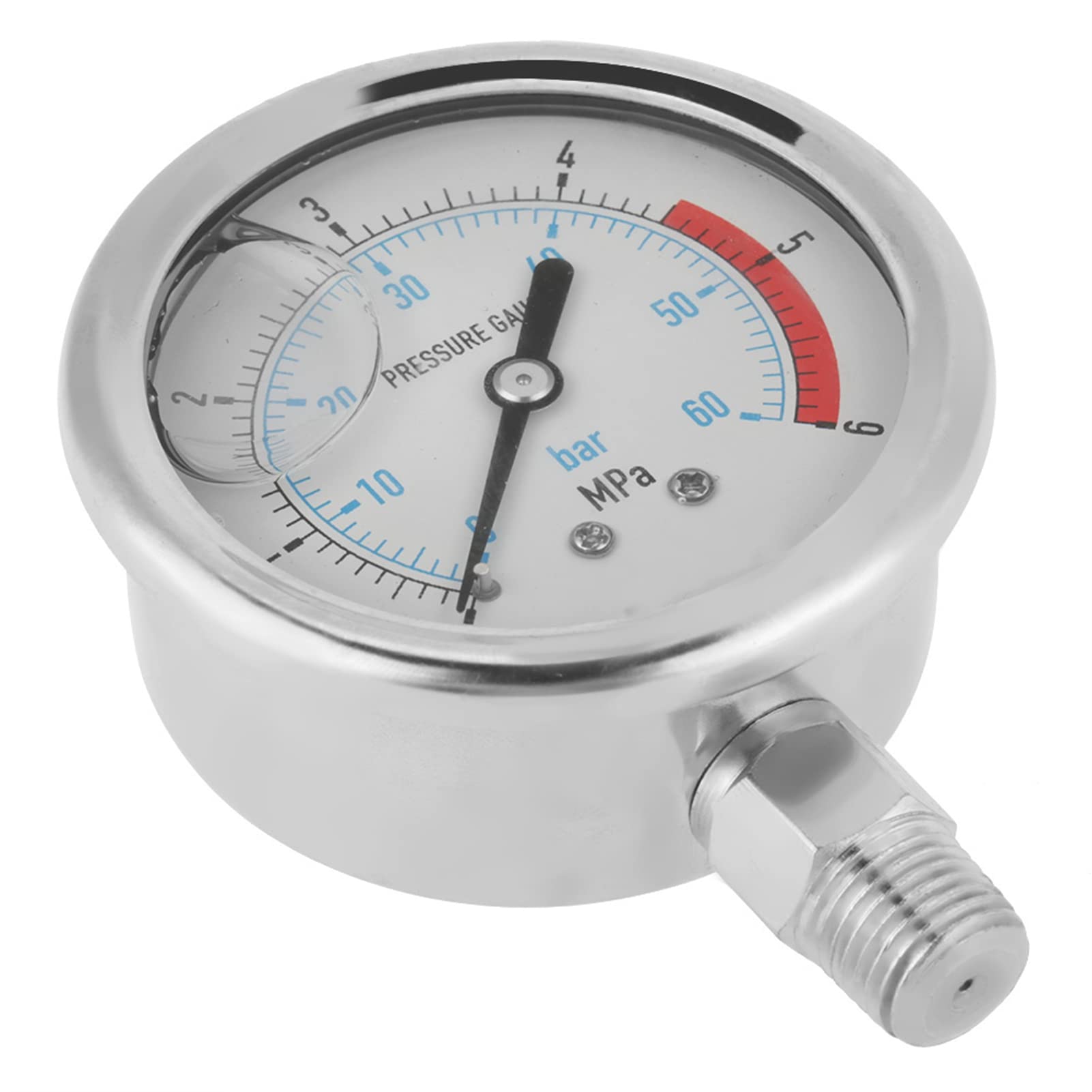 Manómetro hidráulico de 60 mm con dial de 0 a 60 bar/0 a 6 MPa, rosca NPT de 1/4" de montaje inferior, carcasa metálica, relleno de glicerina, marcas numéricas transparentes, medición de presión de
