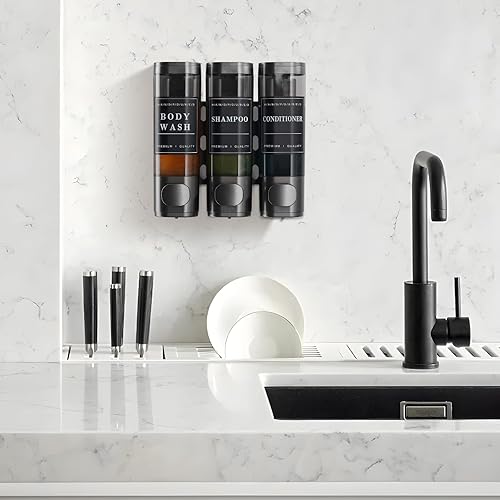 Miniatura 2 de Dispensador de champú y acondicionador, dispensador de jabón de ducha, 3 cámaras, sin taladro, dispensador de champú montado en la pared para ducha,