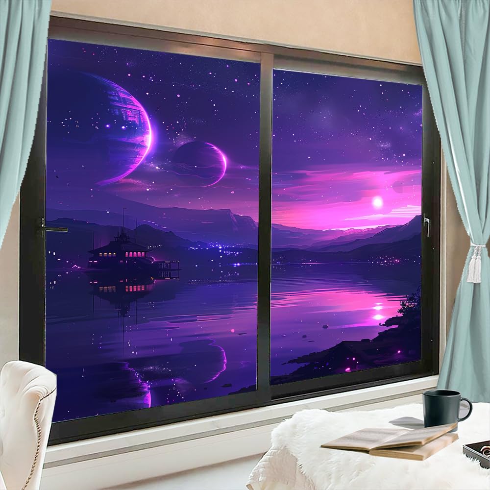 Modern Planet One Way Privacy Window Film Purple Starry Night Nature Ocean Mountain Heat Blocking Decal Self-Adhesive Privacy House Window Cover Film