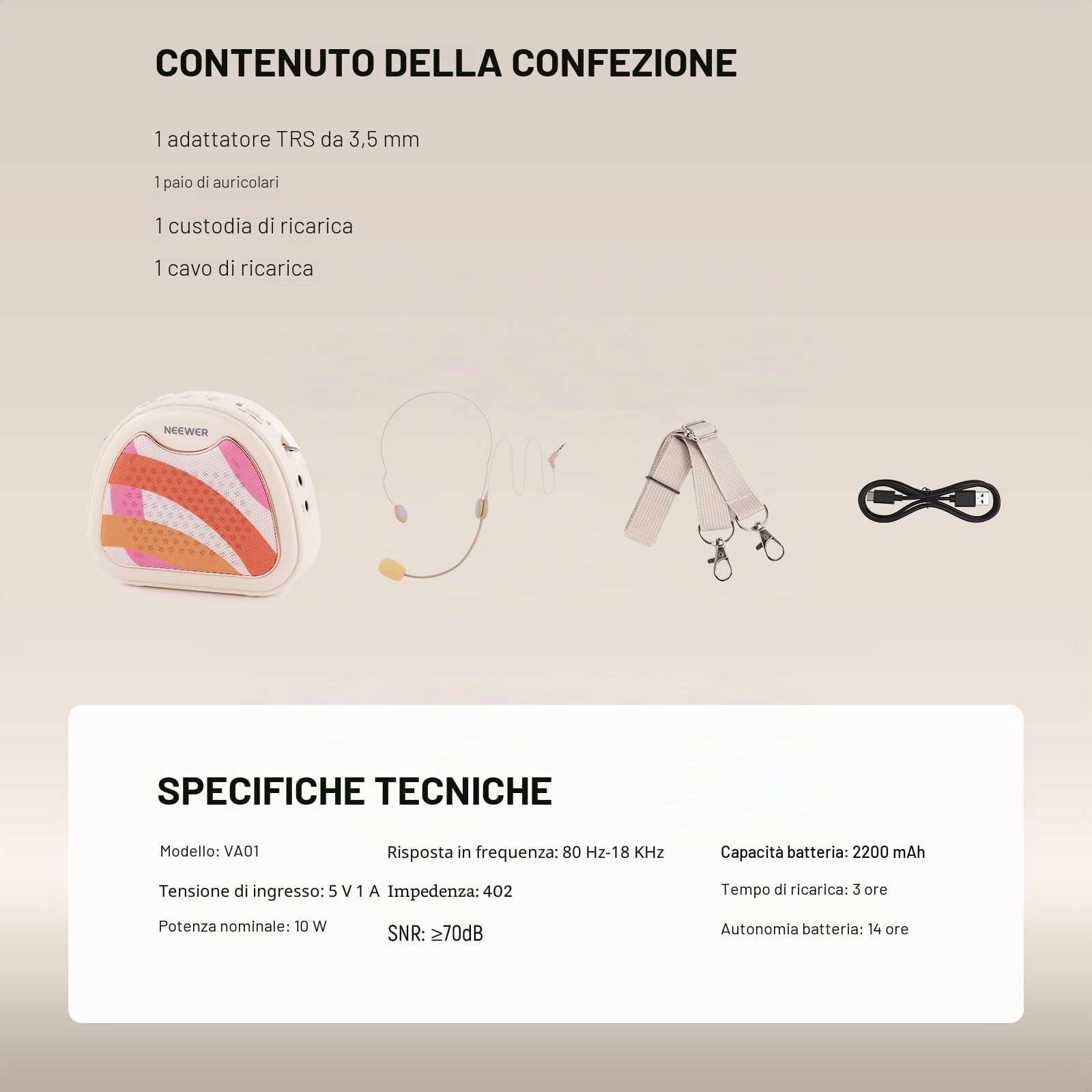 NEEWER VA01 Amplificatore Vocale con Microfono Headset Cablato, Speaker,Tracolla, Uscita AUX, Megafono Portatile Audio USB C Ricaricabile con Mic Batteria 14H per Insegnanti Formatori Guida Turistica