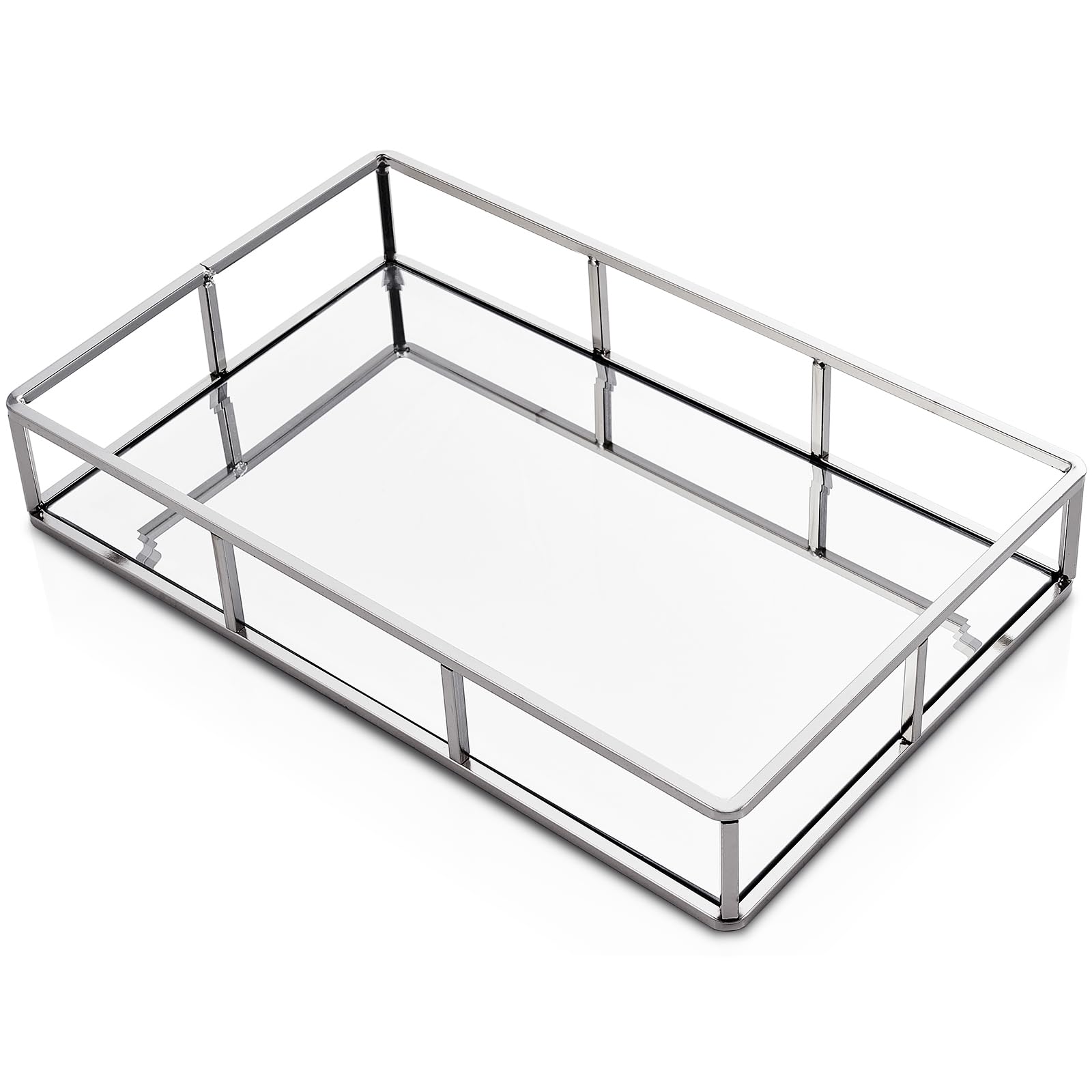 PuTwo Mirror Tray Perfume Organizer for Bathroom, Counter Decor, Glass, Silver Makeup Storage, Jewelry Holder