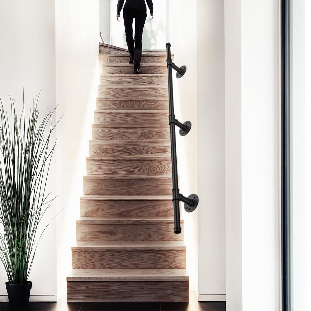 Pasamanos Escalera Exterior 4M Negro - Barandilla Interiores de Hierro Forjado Antideslizante para Pared y Loft - Tubería para Ancianos