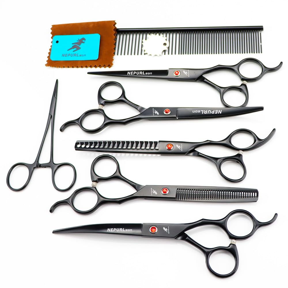 Professional Pet Grooming Scissors Set - Precision Cut, Thinning Shears, and Straight/Curved Scissors for Dogs and Cats - 6 Piece Kit (Schwarz)