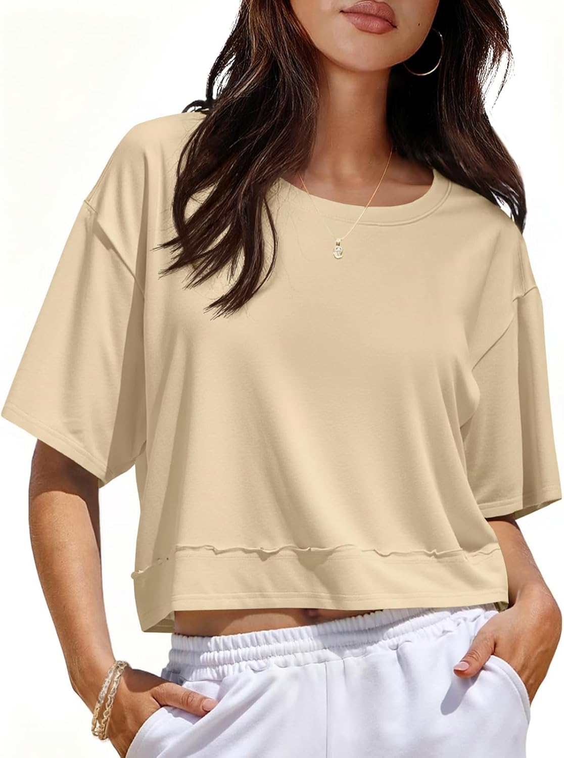 UNCLECAT Womens Short Sleeve Cropped T Shirts Crew Neck Trendy Tops Casual Solid Loose Fit Basic Tees