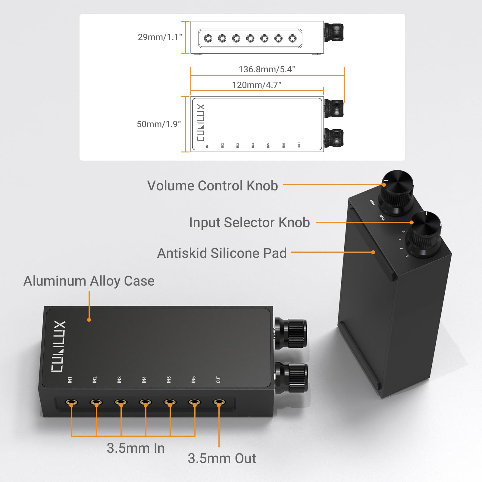 Cubilux Przełącznik audio stereo 3,5 mm 6 w 1 z regulacją głośności i wyciszeniem, 6 wejść na 1 wyjście audio do słuchawek, głośników, laptopa, komputera, smartfona i tabletu