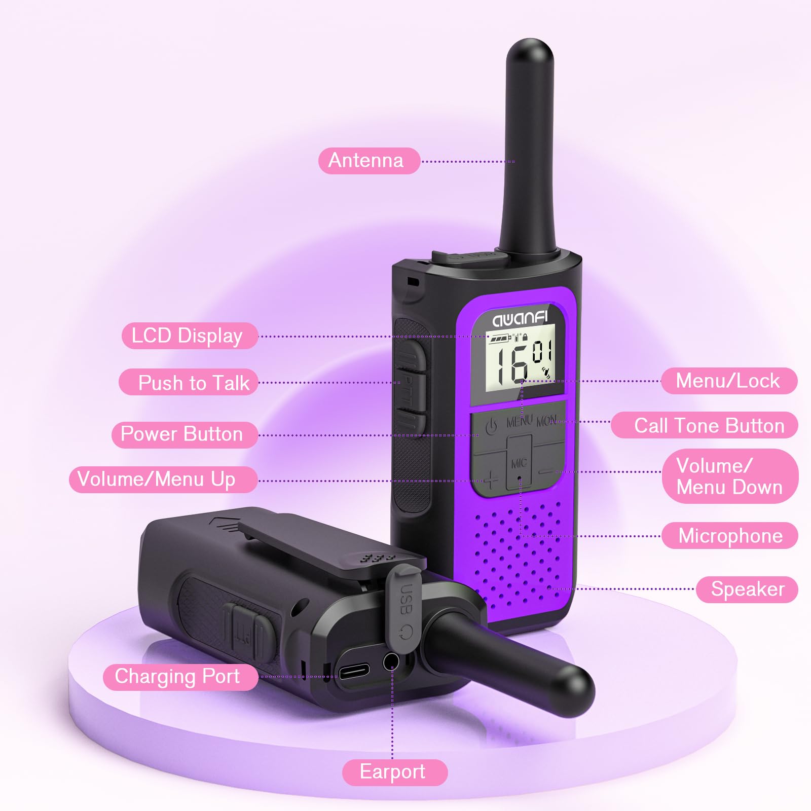 Walkie Talkies for Adults Kids, 3 Pack Rechargeable Walkie Talkies with 1200mAh Battery, Long Range 16 Channels Radios, Walky Talky with USB-C Cable, VOX-Hands free for Outdoor Camping Hiking — view 2