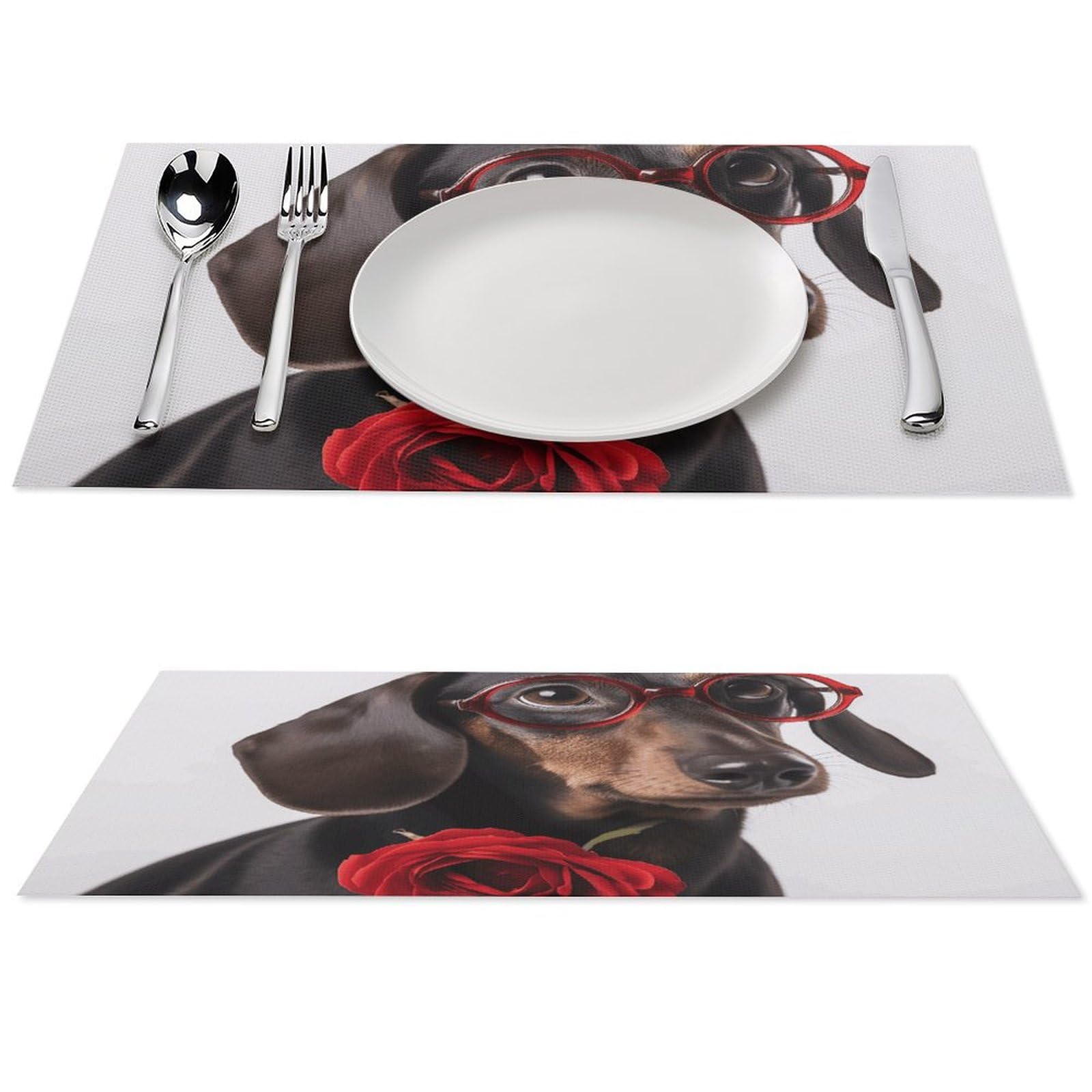 Set de table motif chien et roses en PVC tissé lavable - Lot de 6 pièces de 45,7x30,5 cm