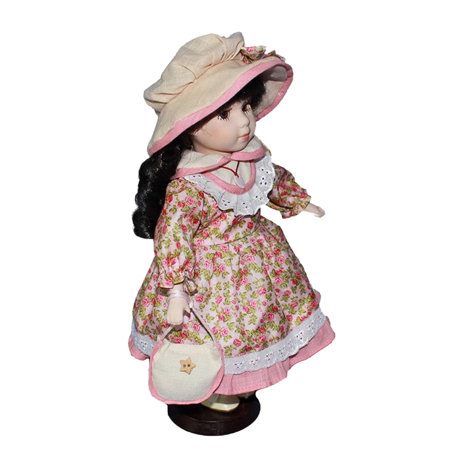 Standing Girl Doll Curly Hair Rustic Ceramic Doll for Gift Birthday Ornament Pink |Collectibles
