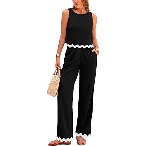 PRETTYGARDEN Women's Summer Casual 2 Piece Outfits Sleeveless Tank Crop Top Wide Leg Pants Sets Tracksuit