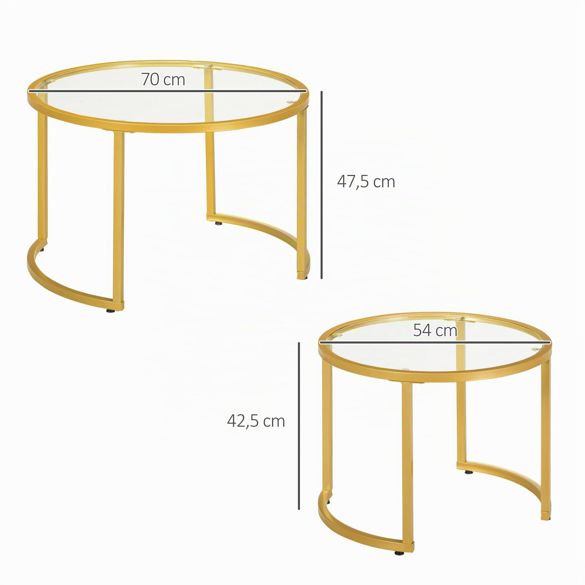 HOMCOM Set 2 mesas café sobre Vidrio Templado, Estructura Acero, Dorado | Mesas nido modernas para salón