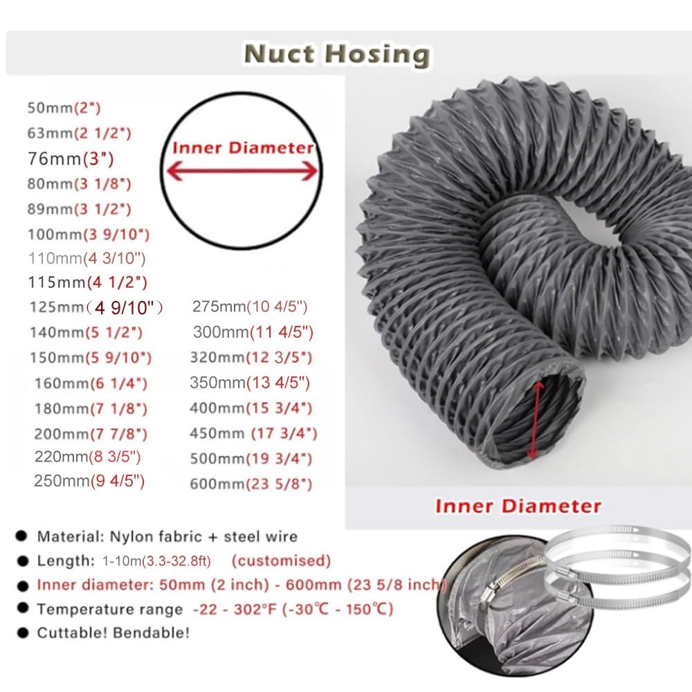 Tubo flessibile in nylon per asciugatrice, per cucina, bagno e serra, da 5 a 6 pollici, dimensioni: 8 m, lunghezza 125 mm di diametro