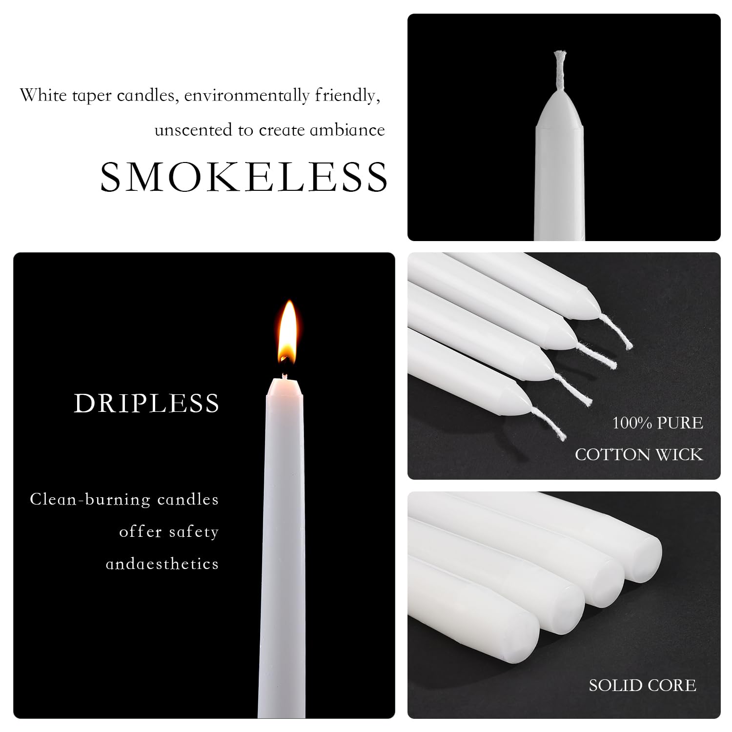 Unieasy 12 Pack White Taper Candles - Tapered Candles 10 Inch, 8 Hours Long Burning Smokeless & Unscented for Weddings, Party, Dinner Parties and Home Decor