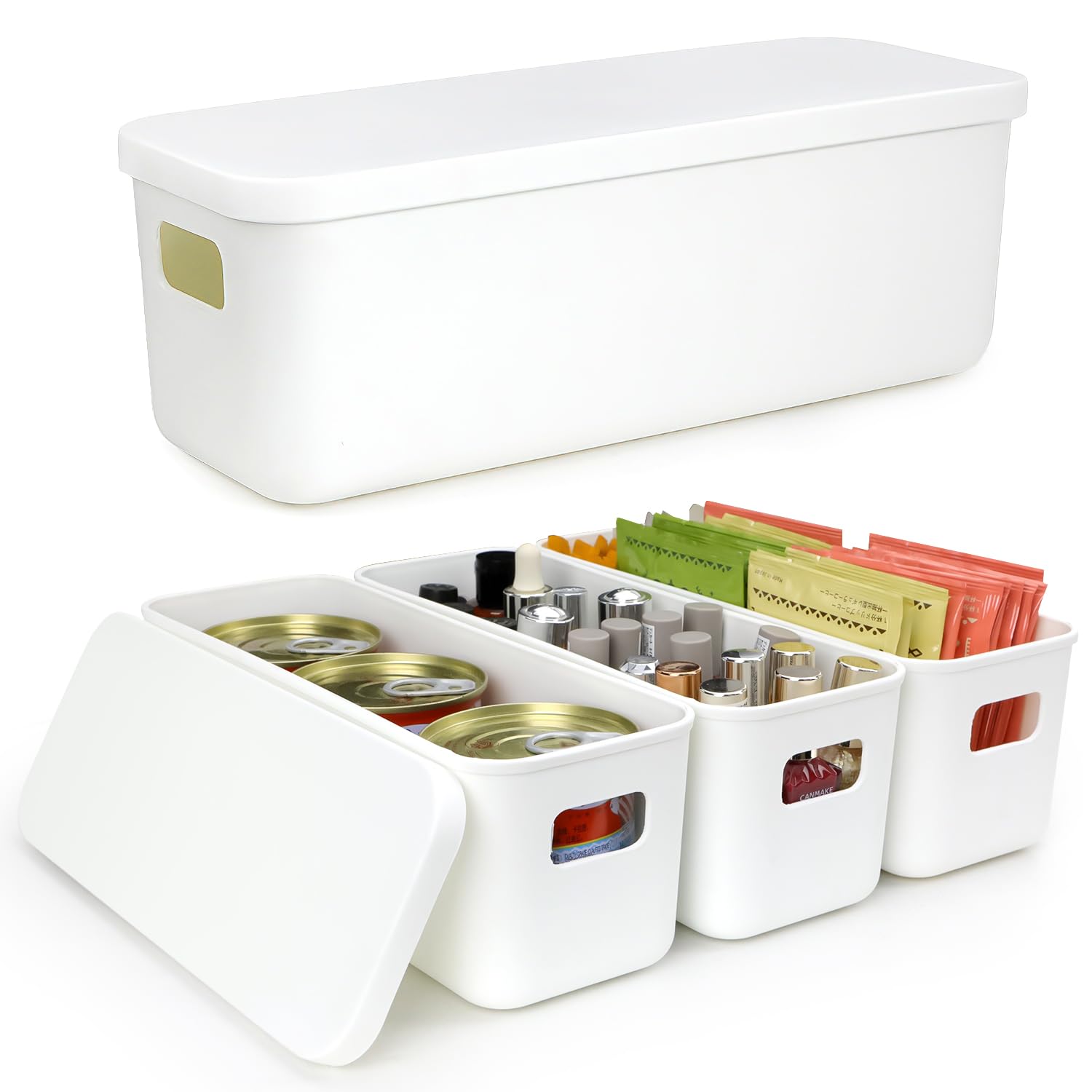 Imatenn White 10Cm Wide Small Storage Box With Lid, 4 Pack Stackable Narrow Plastic Storage Baskets 2.2L Kitchen Cupboard Organisers Shelf Cabinet Drawer Contianner, Store Organise Small Stuff, Long Slim Tubs