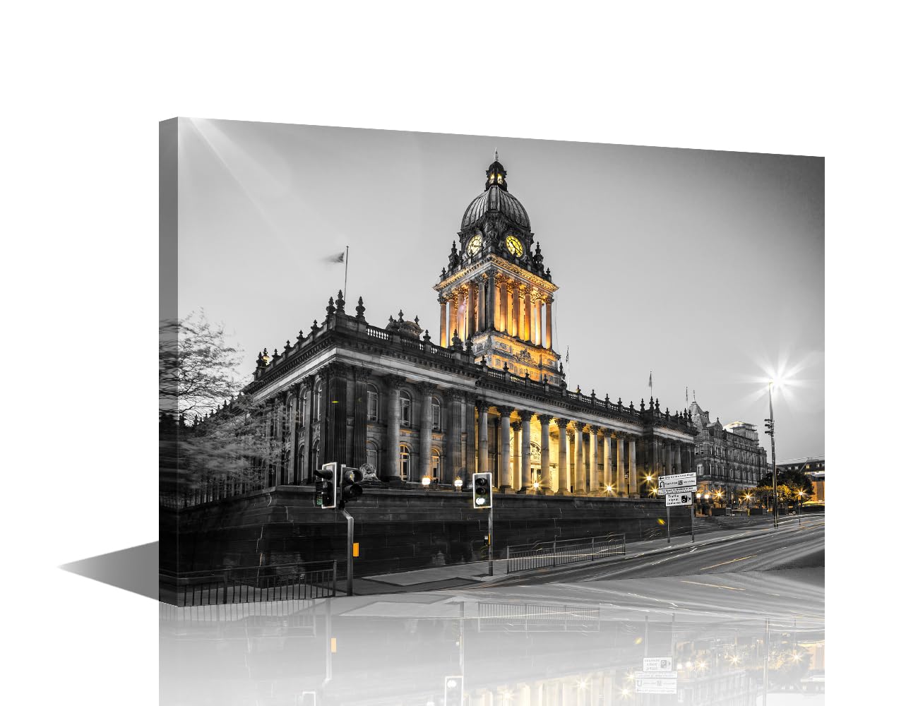 Black and White Wall Art - Leeds Town Hall Canvas for Bedroom, City Centre of England, Gothic Style Architecture, Stretched and Framed Ready to Hang (12''W x 18''H) โ image 1