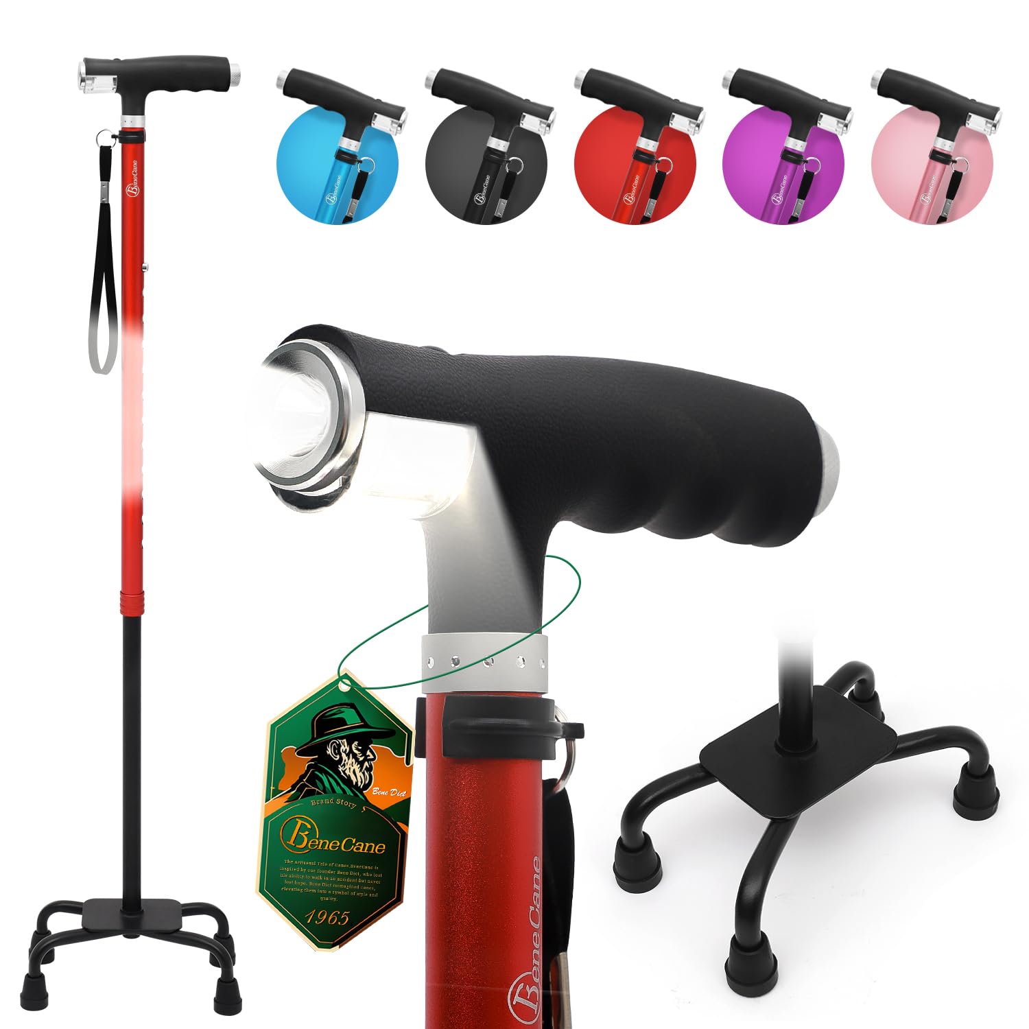 BeneCaneQuad Cane Walking Cane with Two Led Lights with Big Base T Handle＆Lightweight Adjustable Walking Stick Four Pronged Sturdy for Men and Women
