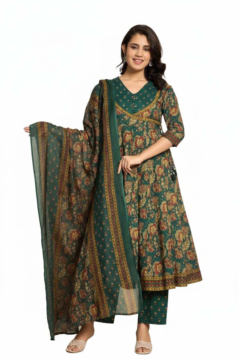 Women's Anarkali Kurta Set with Dupatta, Forest Green Floral Paisley Print, V-Neck, Three-Quarter Sleeves, Traditional Ethnic Wear-picture-41