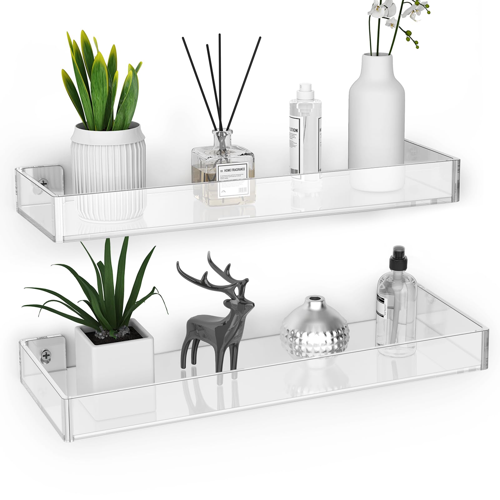 NiHome Clear Acrylic Floating Wall Shelves, Display Wall Shelves with Edge, Bathroom Wall Mounted Shelf Hanging Floating Bookshelves for Home Office Wall Decoration (2 Tier)