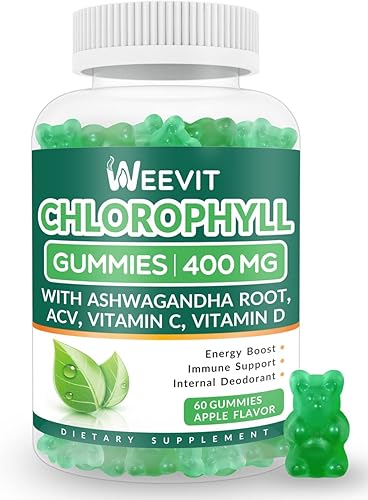 Gomitas orgánicas de clorofila para mujeres y hombres Goma de clorofila 400 mg con Ashwagandha, ACV, vitamina C, vitamina D, gomitas de suplemento