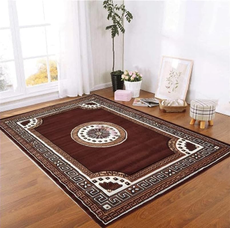 Image of Floral Design Acrylic Polyester Carpet for Living Room 7x10 Feet Color Brown and White(210x300Cm), Large Rectangle