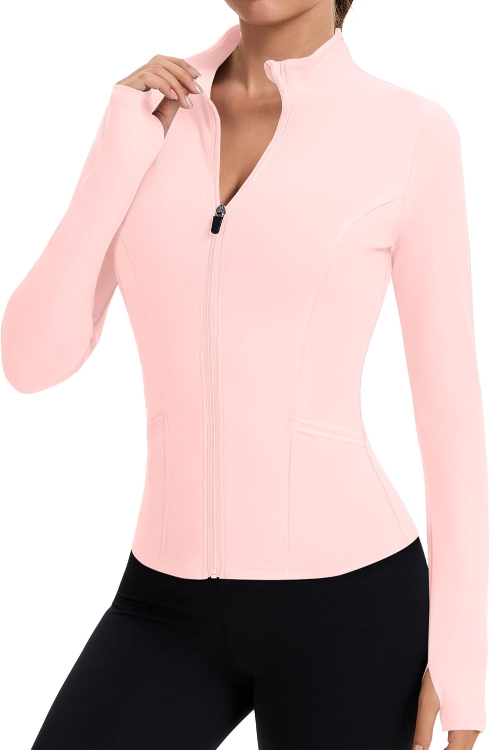 LOMON Athletic Jackets for Women Full Zip Cropped Long Sleeve Top Golf Shirts for Woman Slim Fit Pink Workout Top Pink XS