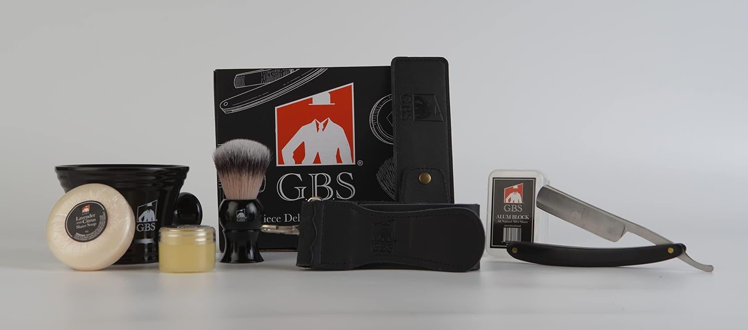 G.B.S Men's Shaving Set- Deluxe Straight Razor 6/8in Carbon Steel Razor, Shaving Mug, Synthetic Bristles Brush, Shaving Soap Razor Case, Alum Block and Strop image 2