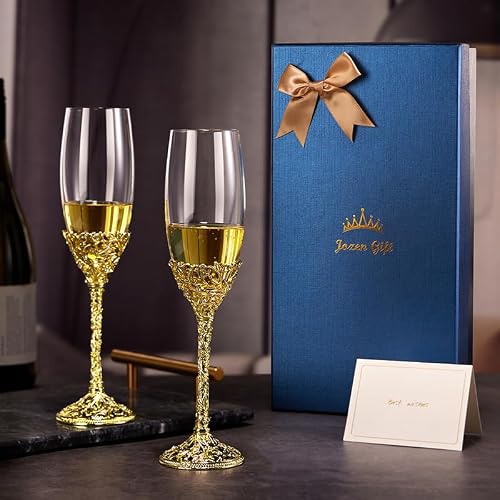 Jozen Gift Champagne Flutes -His and Hers,Wedding Toasting Glasses for Engagement Celebrations, Bridal Shower and Registry Idea, Tall Wine Glasses for Bride and Groom Gifts,7oz (Gold New)