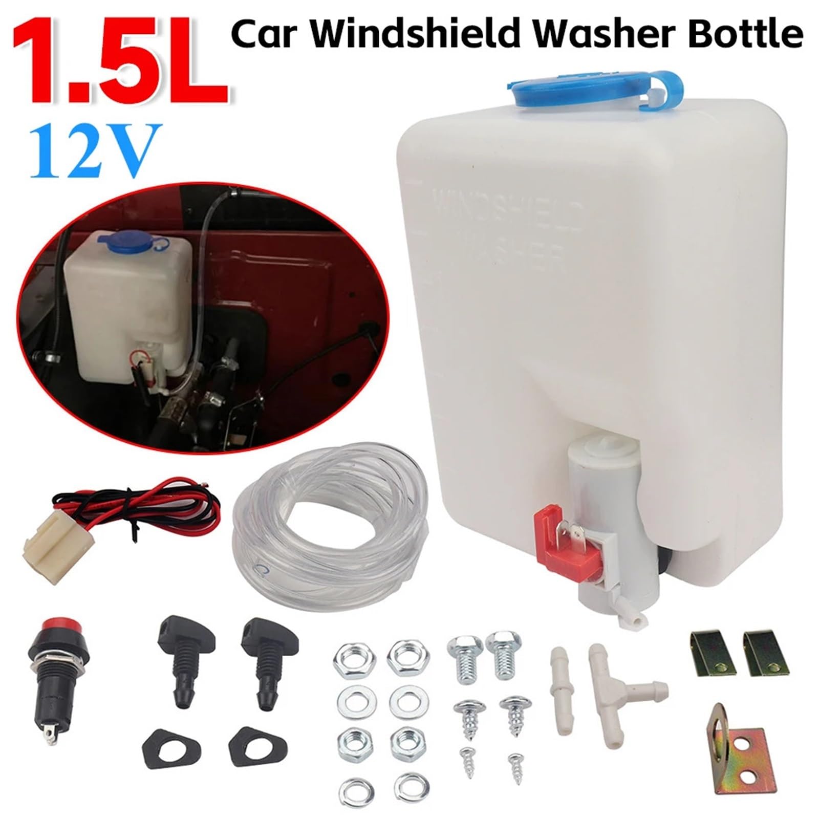 válvula limpiaparabrisas Kit universal de botella de lavaparabrisas para coche de 1,5 l, bomba de lavaparabrisas de 12 V, depósito de líquido, boquilla y pulverizador.