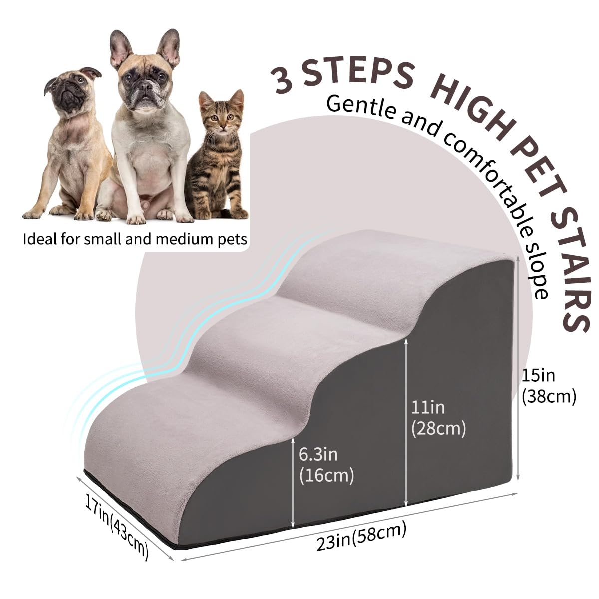 Beerlove Dog Stairs for Small Dogs, 3-Steps Foam Dog Steps for Sofa Couch High Bed, Non-Slip Washable Dog Ramp Pet Stairs for Dogs Puppies Cats (Grey)