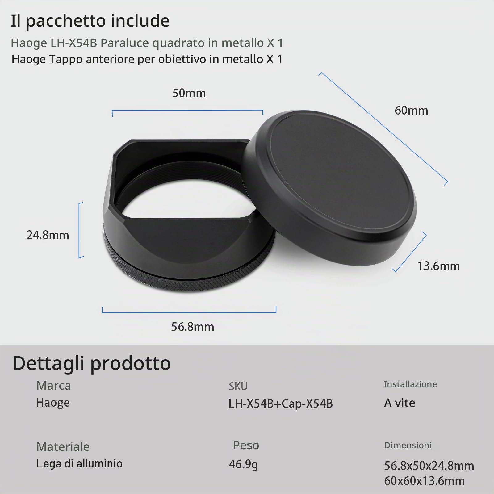 Haoge Paraluce quadrato in metallo per fotocamera Fuji Fujifilm X100VI FinePix X100V X100F X100 X100S X100T X70 nero LH-X54B+Cap-X54B paraluce con tappo e kit anello adattatore da 49 mm
