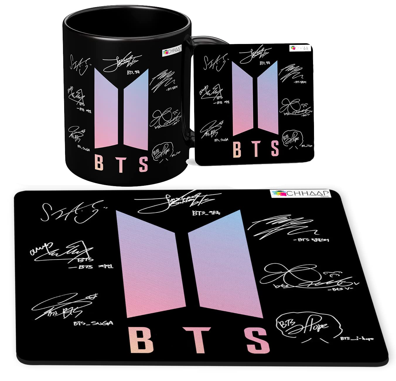 CHHAAP BTS Signature Mug BTS Mug BTS Mousepad BTS Coaster BTS Combo Gift Music Band V Suga J-Hope Jungkook Jin Jimin Rm Gift for Girl Boys Printed Black Ceramic Coffee Mug (Pack of 4)(BTSM-26)
