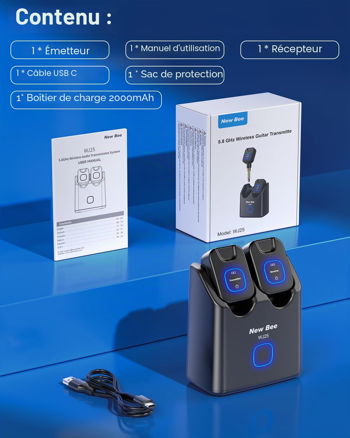 Système de Guitare Sans Fil 5.8GHz, 6 Canaux, Récepteur Émetteur Rechargeable 2 Types de Prises pour Batterie, Clavier Numérique, Violon Électrique, Guitare, Basse