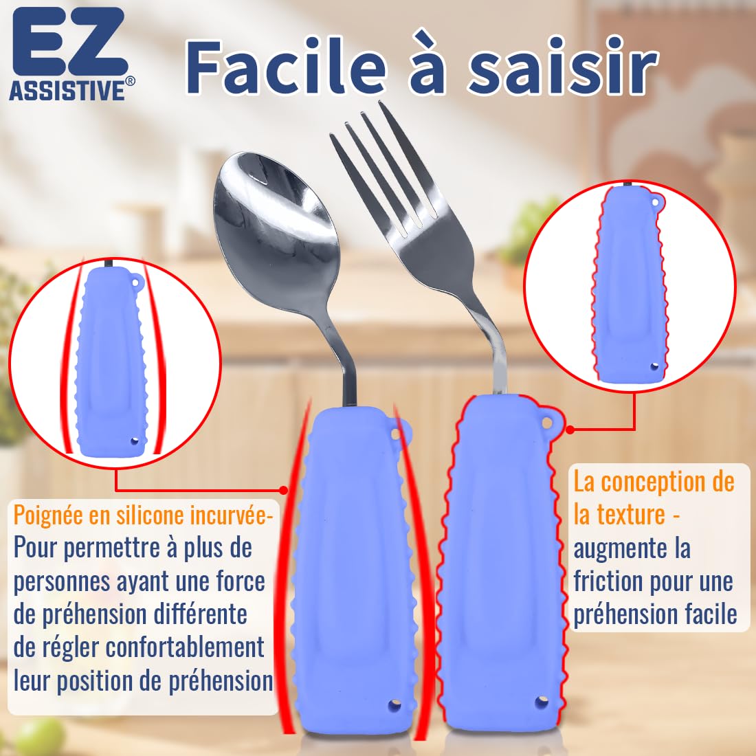 Ustensiles Adaptés pour Personnes Âgées & Handicapées - Cuillère et Fourchette Ergonomiques en Inox - Manche Courbé - Silicone Coloré - Lavable Lave-Vaisselle(Main droite)