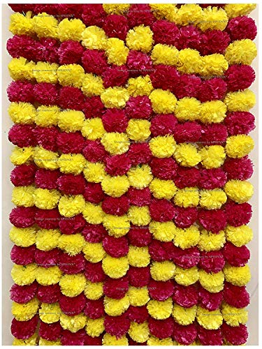 Image of Sphinx artificial marigold fluffy flowers garlands for decoration - Pack Of 5 (Yellow and Rani.)