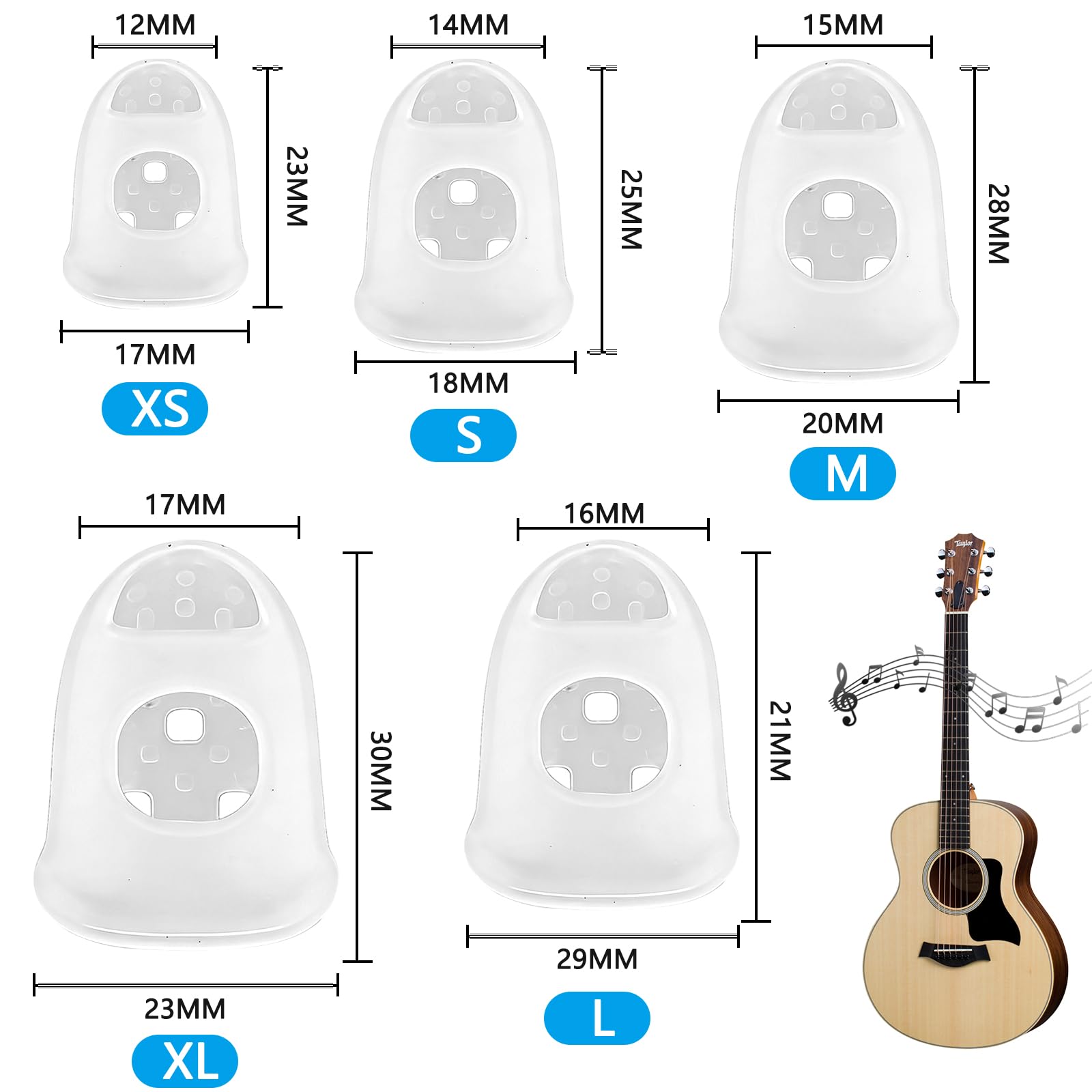 50 Protege Doigts Silicone 5 Tailles Transparent pour Guitare Ukulele et Basse, capuchons doigt respirant anti derapant pour debutants et musiciens, accessoires guitare pratiques