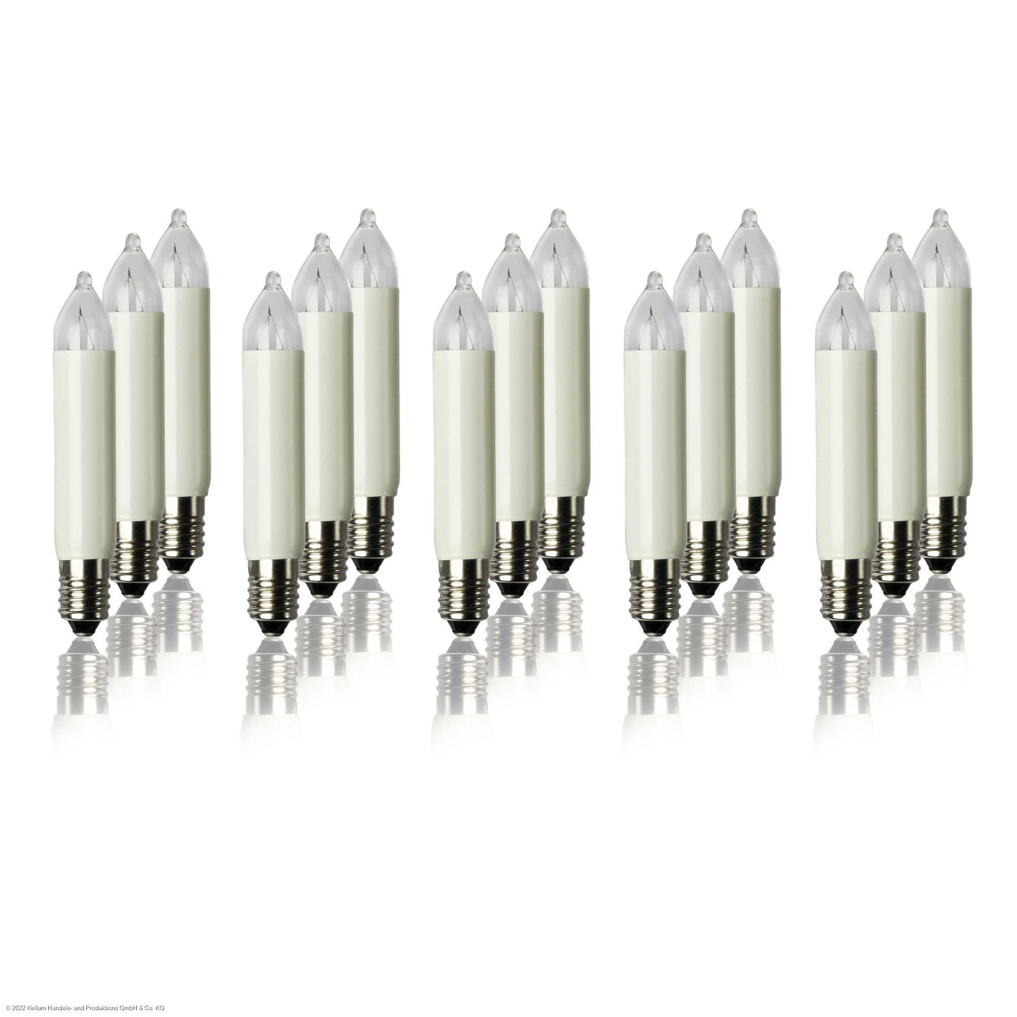 hellum Ersatzkerzen Glühfaden 16V 3W für Lichterketten & Schwibbogen, 15 Stück Kleinschaftkerzen E10 (ø10 mm) passend für 15/16 Brennstellen, 22 Lumen Ersatzkerzen Lichterkette, innen & außen 151398